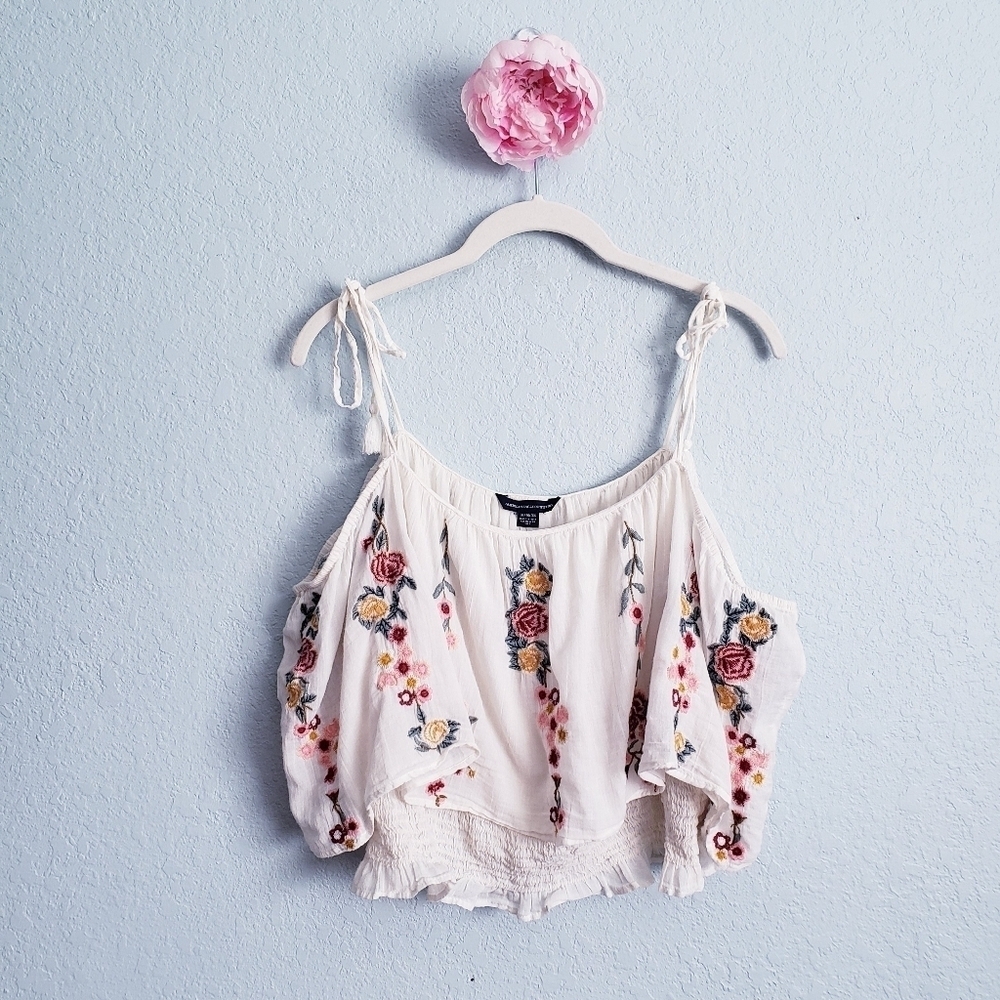 American Eagle White Floral Embroided Off Shoulder Smocked Crop Top